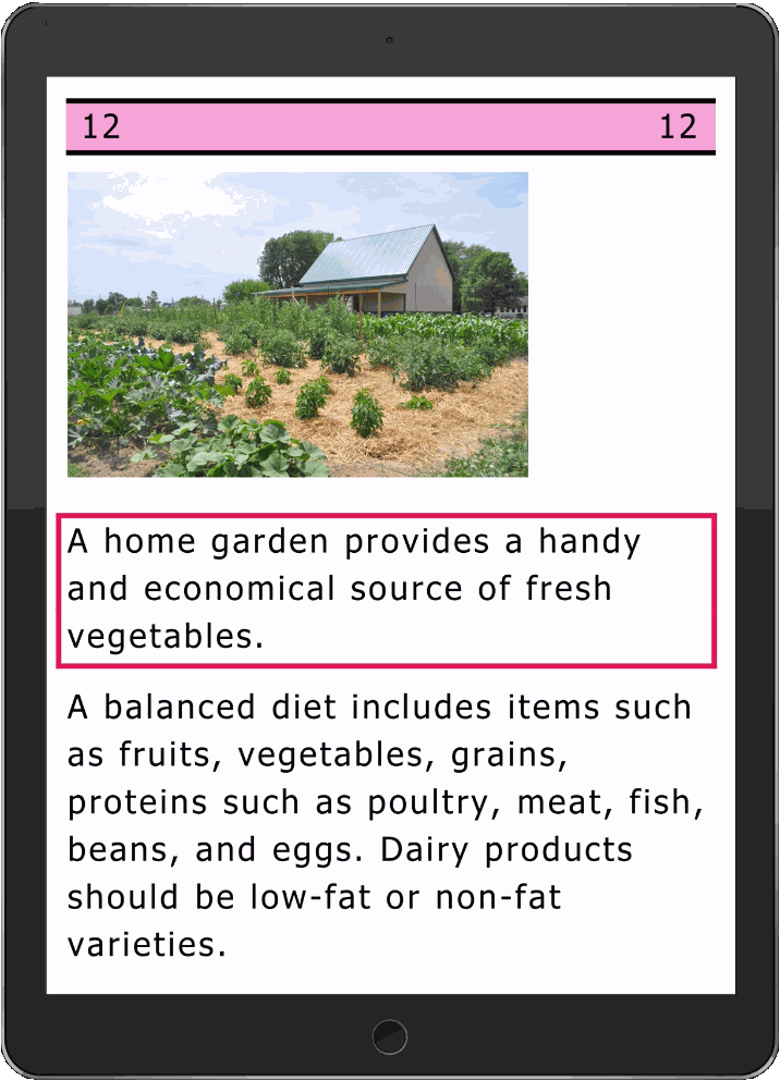 A large screen tablet held upright, showing a large-print page: the pink reference
                    page bar across the top, a photograph of a garden, a red-boxed caption
                    describing it, and a paragraph of large text below.