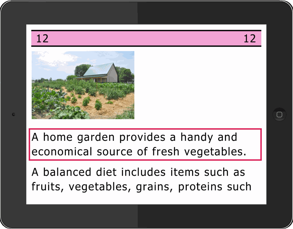 The same page on a small screen tablet turned on its side, showing the pink
                    reference page bar, the photograph of a garden, the red-boxed caption
                    describing it, and the beginning of the paragraph below.