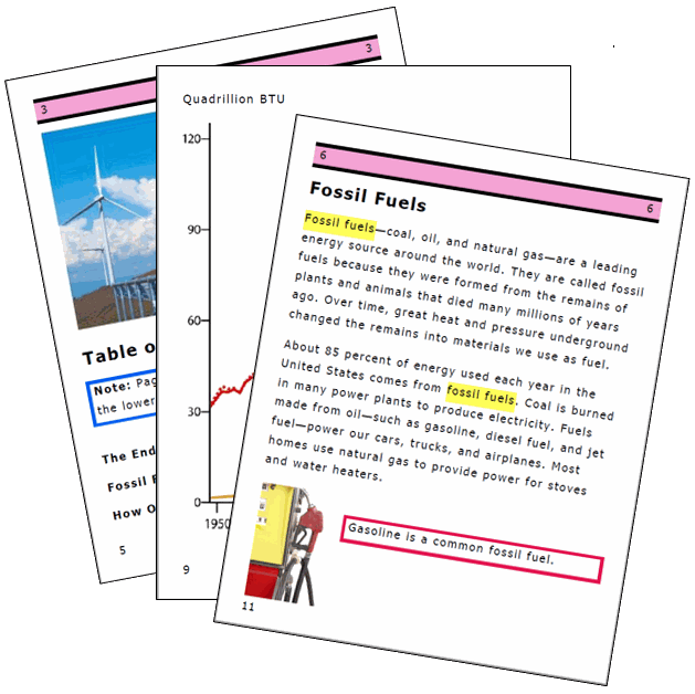 Three 8.5 by 11 inch pages of a large-print book, fanned out. Each
                    carries a pink reference page bar across the top with the print
                    book's page number at both ends. The page in front has a heading,
                    paragraphs of large text with two terms highlighted, a photograph,
                    and a red-boxed caption. The page behind it has a blue-boxed
                    transcriber's note.